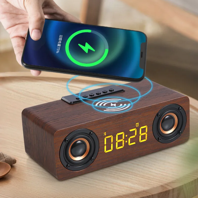 

Деревянный Ретро будильник, Bluetooth-динамик, беспроводная Быстрая зарядка