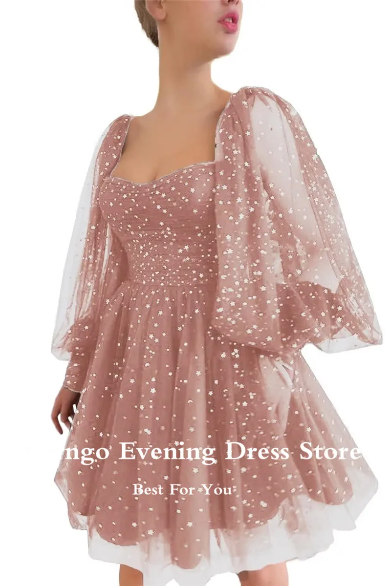 Verngo Nieuwe 2021 Sparkly Sterren Zwarte Tule Prom Jurken Puff Lange Mouwen Sweetheart Knielengte Korte Avondjurk Partij Jassen