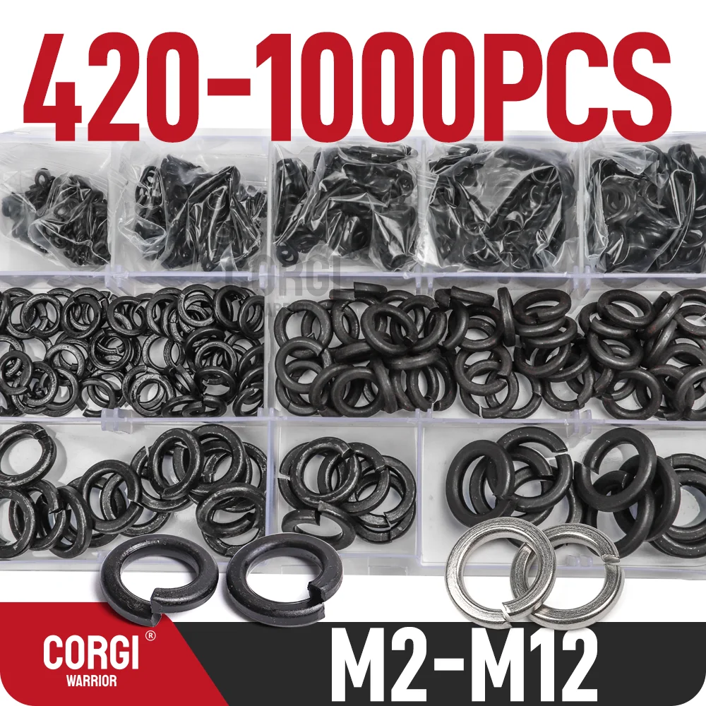 420-1000 Metric Spring Lock Washers Assortment Kit M2 M2.5 M3 M4 M5 M6 M8 M10 M12 304 Stainless Steel and 8.8 Black Carbon Steel