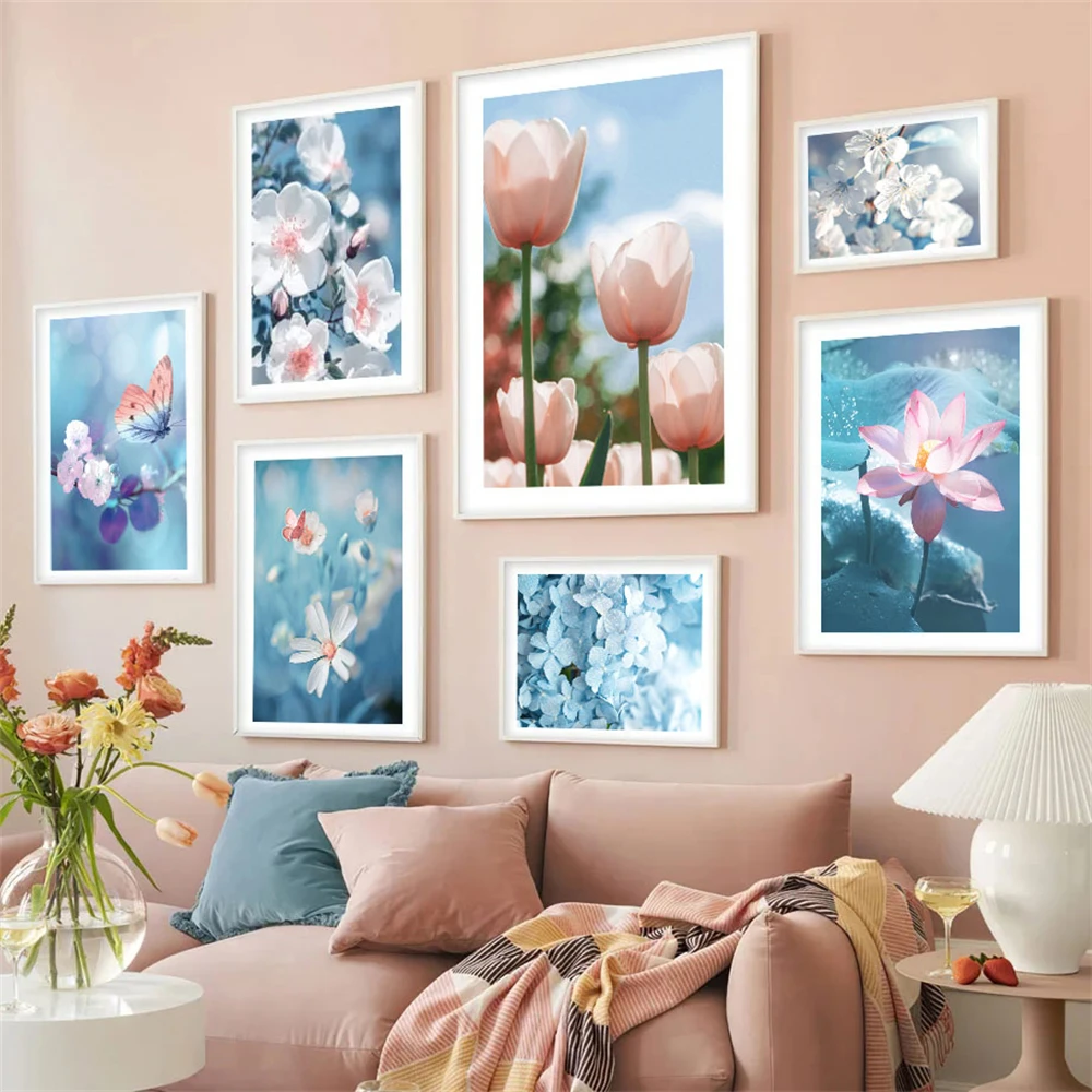 

Spring Natural Scape Blue Tones Flower Wall Art Canvas Painting Fashion Posters And Prints Picture Living Room Home Decoration