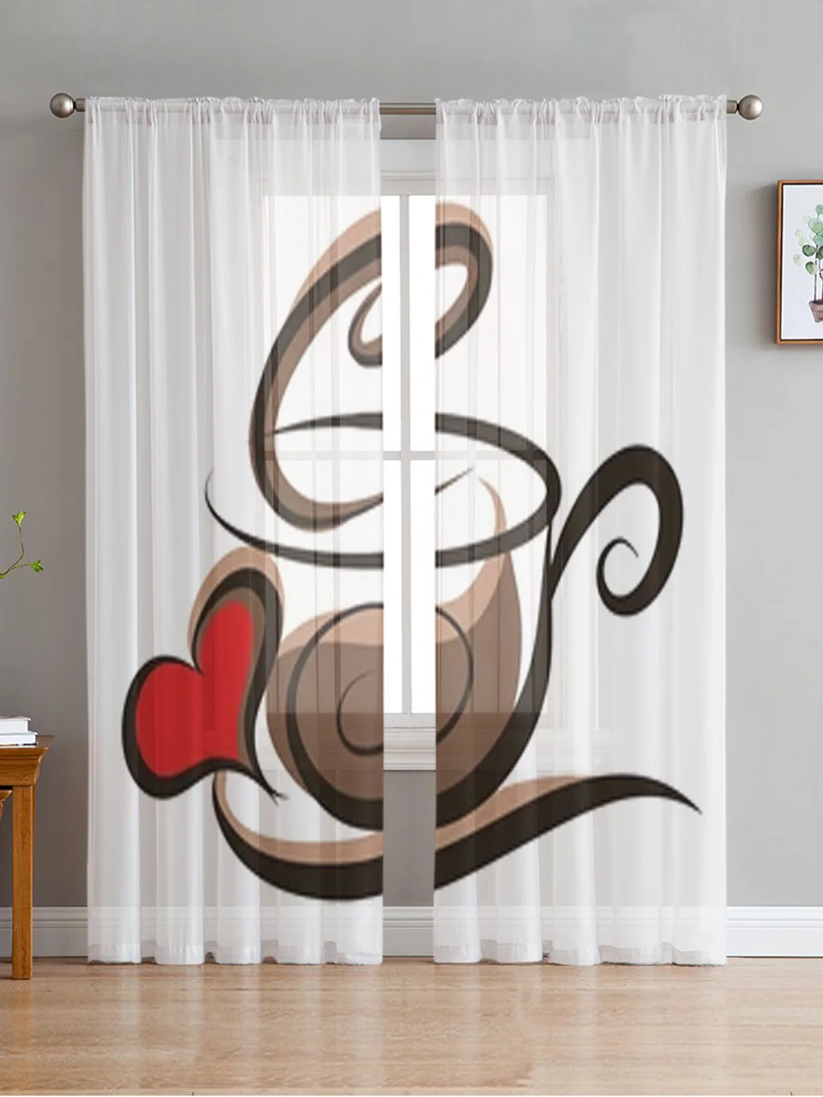 Coffee Illustration Sheer Curtains Bedroom Voile Curtain Living Room Window Sheer Curtains Kitchen Tulle Drapes