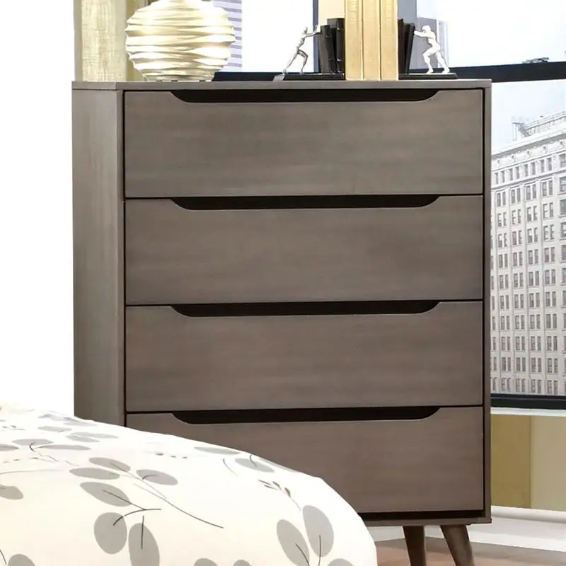 Modern Mid-Century 1pc Chest, Round Tapered Legs, 4 Drawers, Recessed Handle, Gray Finish, Storage Solution for Home