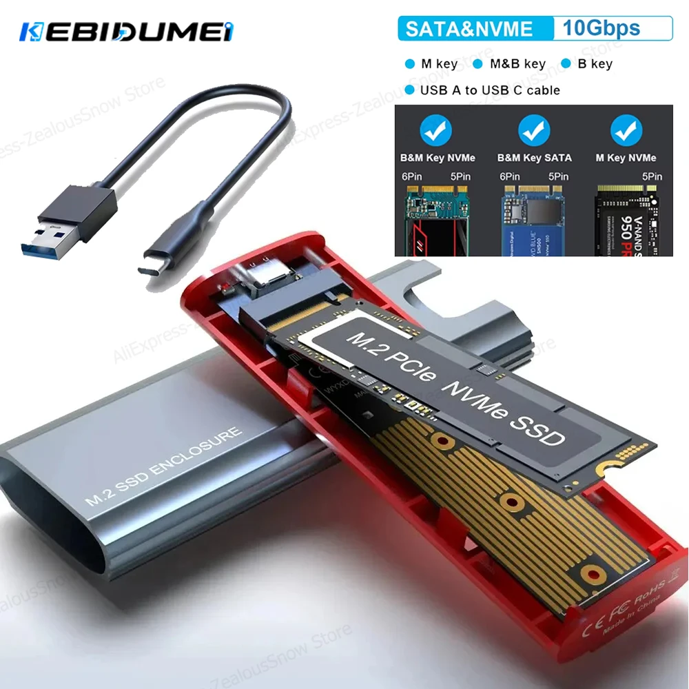 KEBIDUMEI M2 SSD-Gehäuse NVME SATA Dual-Protokoll 10Gbps M.2 zu USB 3.1 SSD-Adapter für NVME PCIE NGFF SATA SSD-Festplattenbox für PC