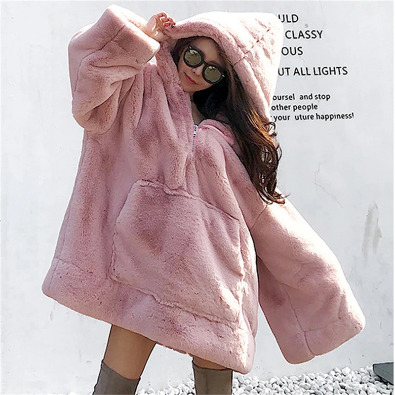 

New Casual Loose Hooded Faux Fur Coat Women's Mid length Sweater Autumn/Winter Korean Edition Plush Cute Solid Baseball Jersey