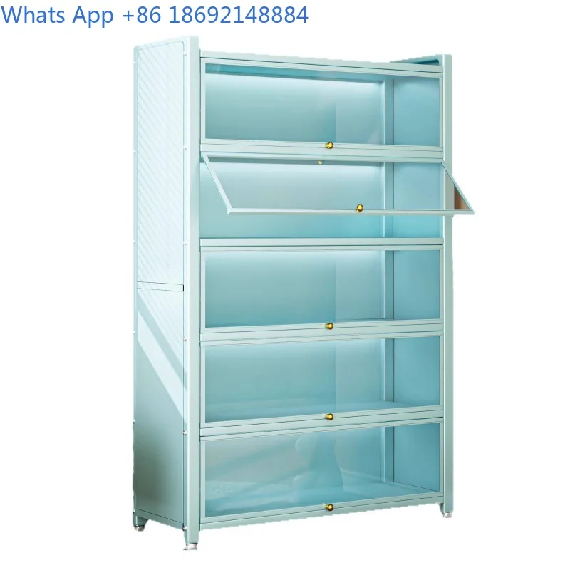 Estante de piso de aço com portas de vidro para sala de estar, armário de exibição à prova de poeira para estatuetas, armário de armazenamento de ferro