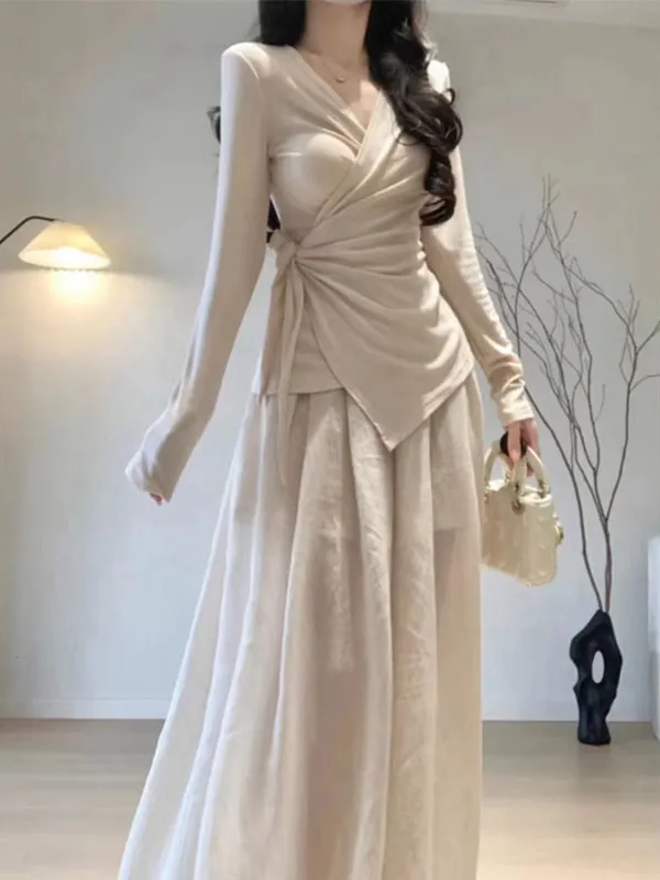 

Spring 2024 Women's Lazy Style V-Neck Asymmetrical Long Sleeve Set Casual High Waist Wide Leg Pants Two-Piece Suit