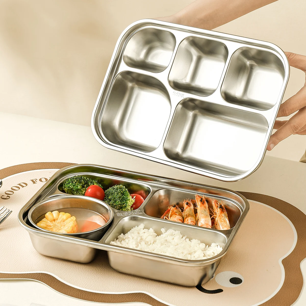 WORTHBUY Multi-Partition 304 Stainless Steel Dinner Plate Leak-proof Dinning Plate With Lid 1L Multi-grid Food Plate For Student