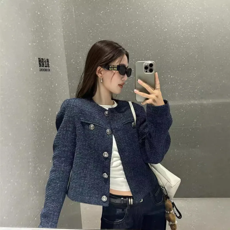 Women's 2026 Spring Unique Blue Tweed Cropped Jacket Elegant Age Reducing High-End Fashion Top Chic Casual Outerwear