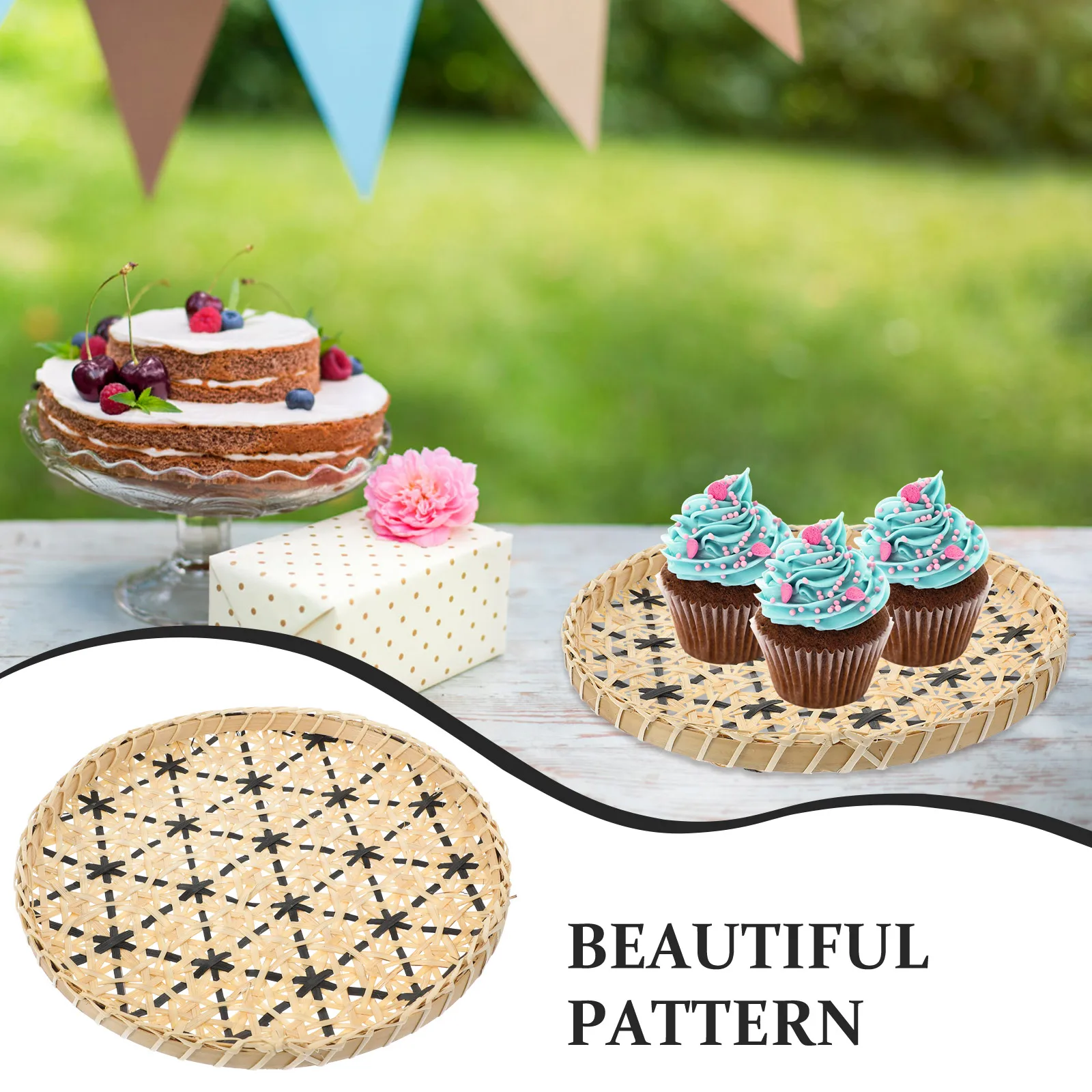 

Bamboo Woven Basket Tray Round Strong Fruit Plate Serving Snack Dessert Food Storage Rustic Decorative Tray