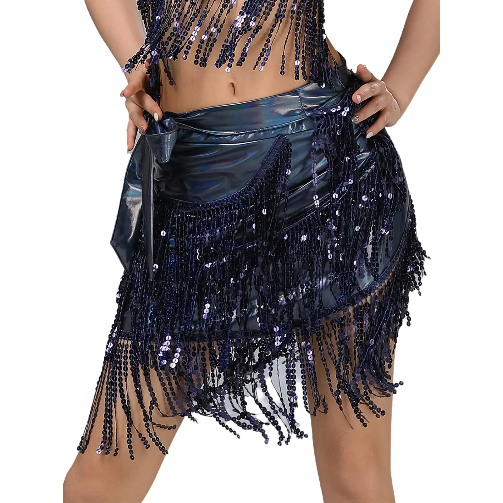 ผ้าพันเอวแต่งเลื่อมระยิบระยับสำหรับเต้นรำลาติน แจ๊ส และบอลรูม ผ้าคลุมเอวแบบผูกข้างหลายชั้น เงางาม กระโปรงชิ้นเดียวสำหรับผู้หญิง