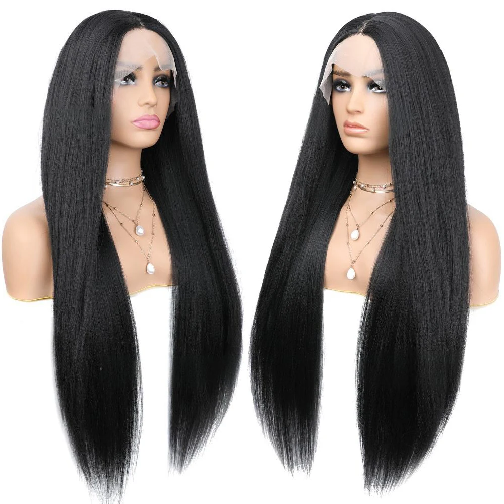 

13x4 Lace Front Wig 26 Inch Yaki Straight Heat Resistant Synthetic Glueless Wig Natural Hairline For Women Daily Party Wear