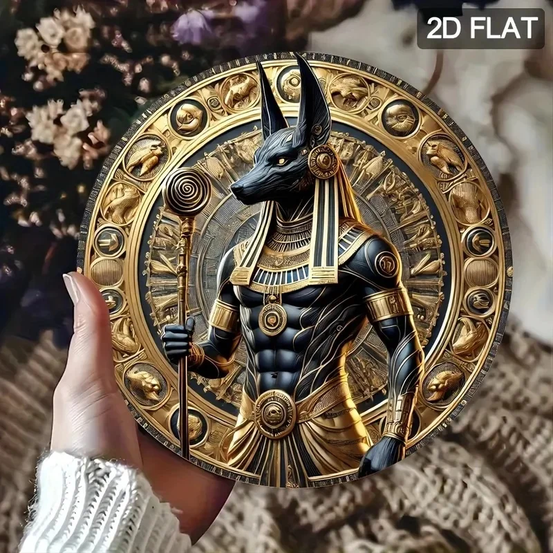 2D Flat Ancient Egyptian God Anubis Round Metal Sign Vintage Golden Mystical Rustic Tin Plate Wall Decor 1pc
