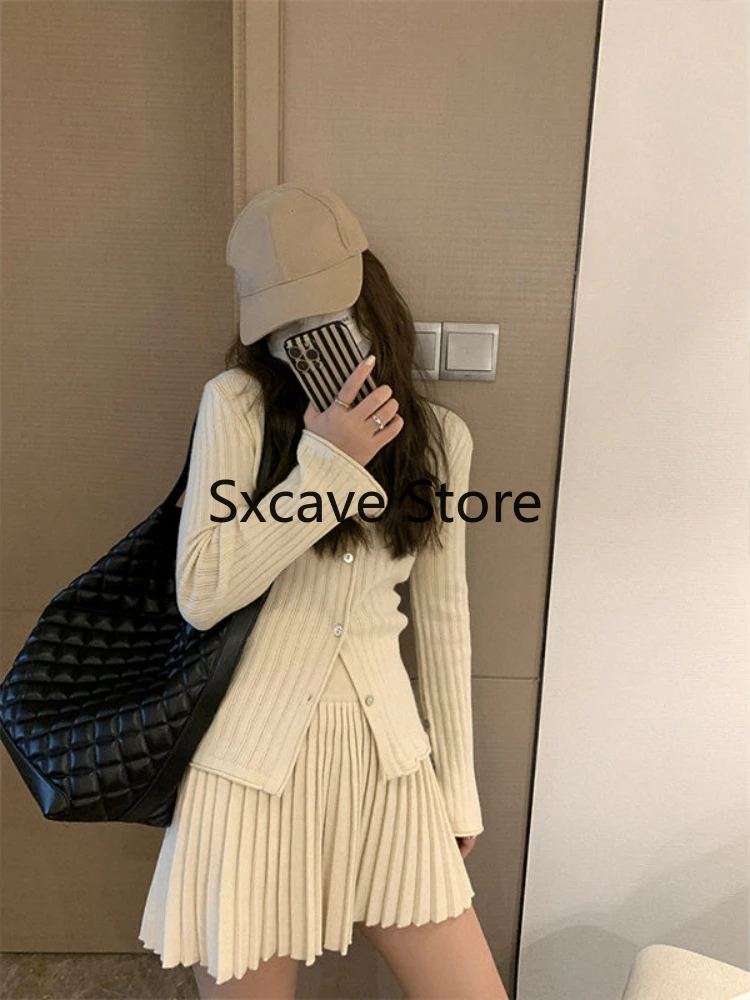 2023 Autumn Korean Knitted Sweater Suits Women Casual 2 Piece Skirt Set Elegant Cardigan + Pleated Mini Skirt Outwear Party Chic