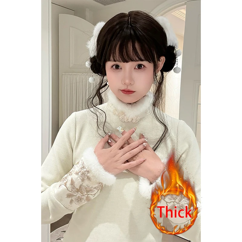 

MEXZT Vintage Floral Fleece T Shirt Women Cutecore Faux Fur Patchwork Tops Winter Korean Kawaii Stand Collar Long Sleeve Tees