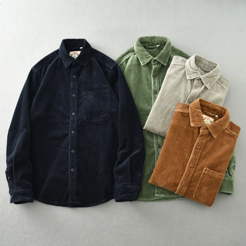 Men's Spring and Autumn Heavy Cotton Corduroy Vintage Shirt Loose plus size Casual Long Sleeve Corduroy Shirt Trendy