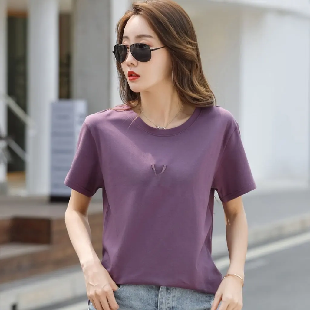 

Women's round Neck Short-Sleeved T-Shirt Korean Style Embroidered Letter White Cotton Loose Top Summer Trendy 315 New Arrival