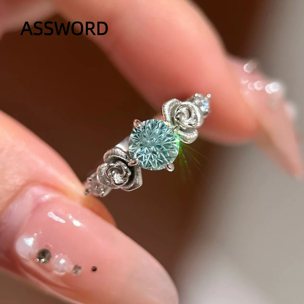 925 Sterling Silver Green‑Blue Moissanite Ring Rose Flower Design Open Adjustable Promise Ring for Women Fine Jewelry Gift