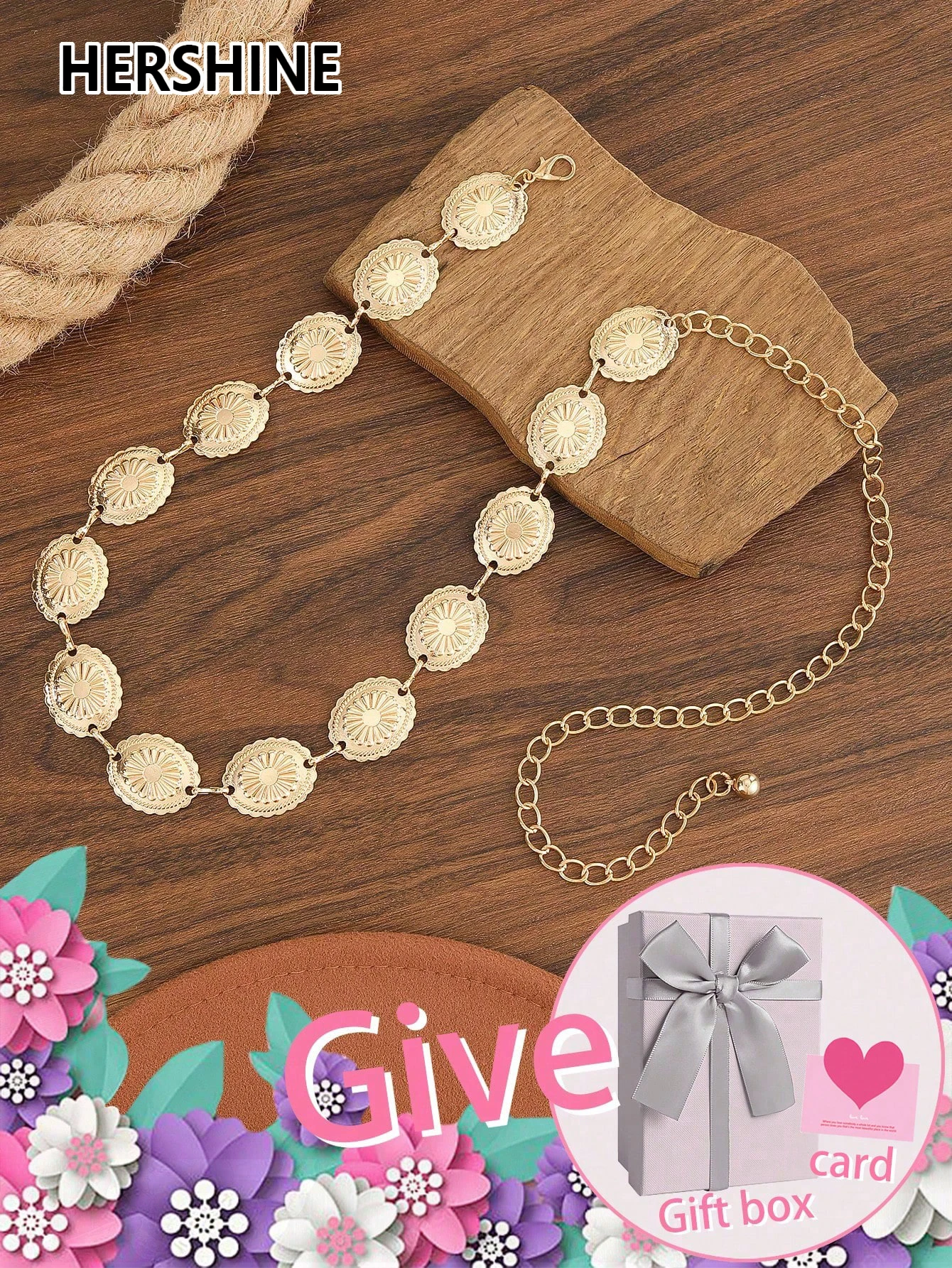 HERSHINE Women's Elegant Vintage Gold Floral Print Waist Chain (Gift Boxed), Bohemian Style, Valentine's Day Gift，spring，summer