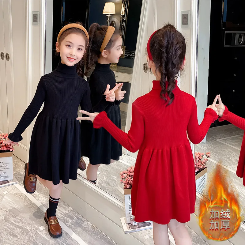 

Girls' Sweater Dress New Autumn Winter Fleece Lined Thickened Children's Big Girl Stylish Princess Dress Trendy