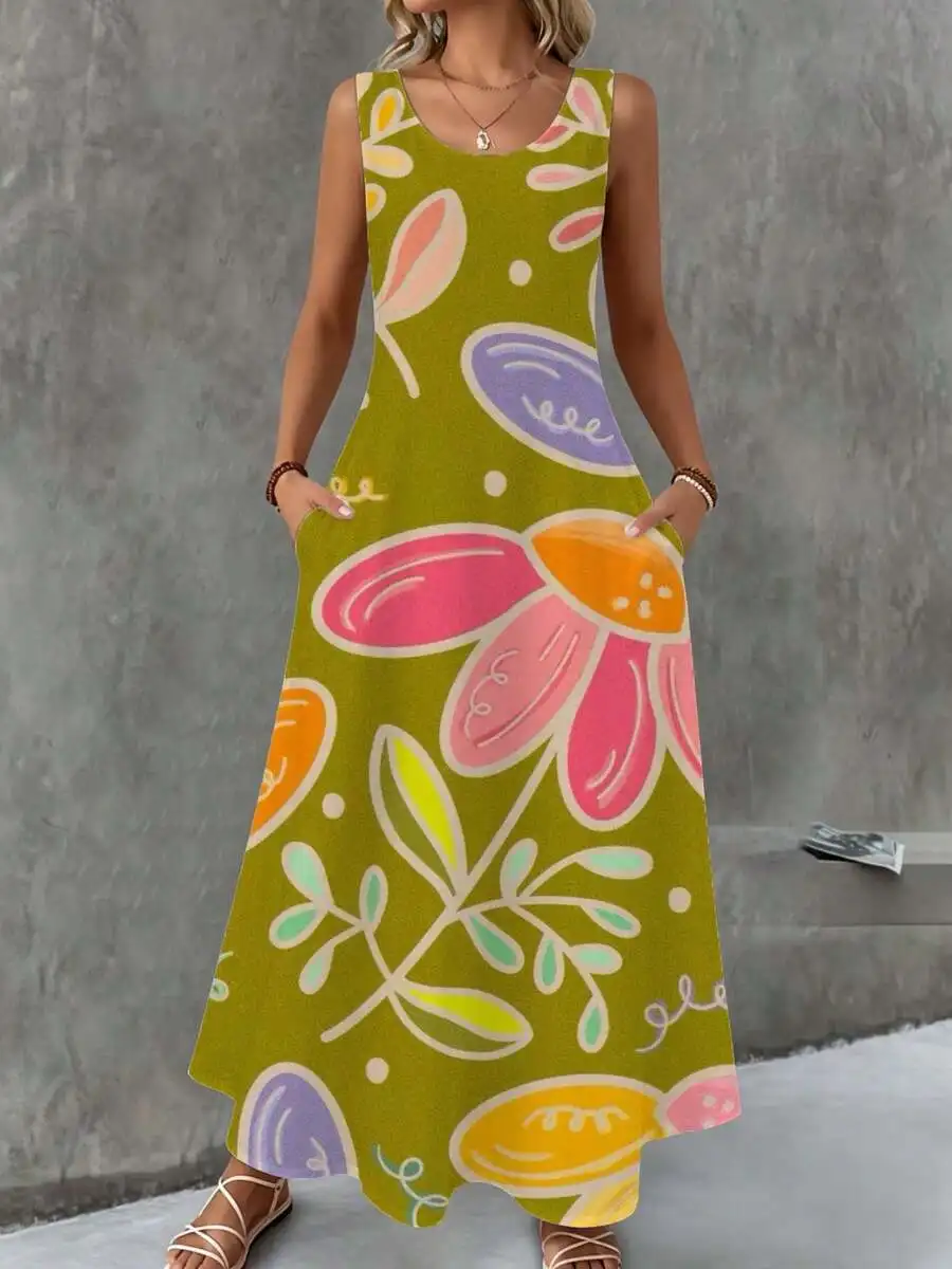 

Sleeveless Maxi Dress Olive Green Floral Print Colorful Flowers Leaves Summer Beach Vacation Wear