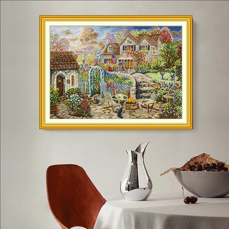 Joy Sunday Landscape Garden Courtyard Printed Canvas Cross-Stitch 16CT Embroidery Complete Kit Knitting Hobby Sewing Painting