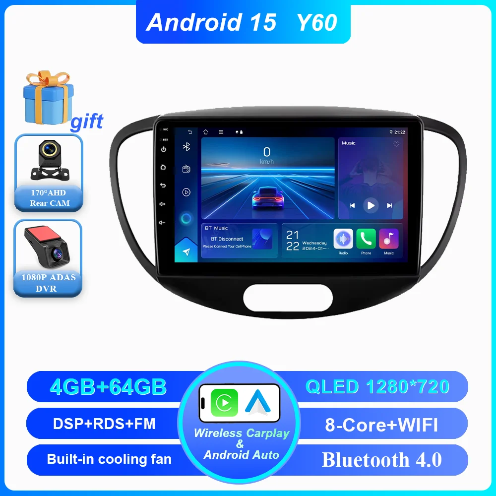 Android 15 Auto DVD Voor Hyundai i10 2007 2008 2009 2010-2013 Auto Radio Stereo Multimedia Speler GPS Navigatie 2din 4G Carplay