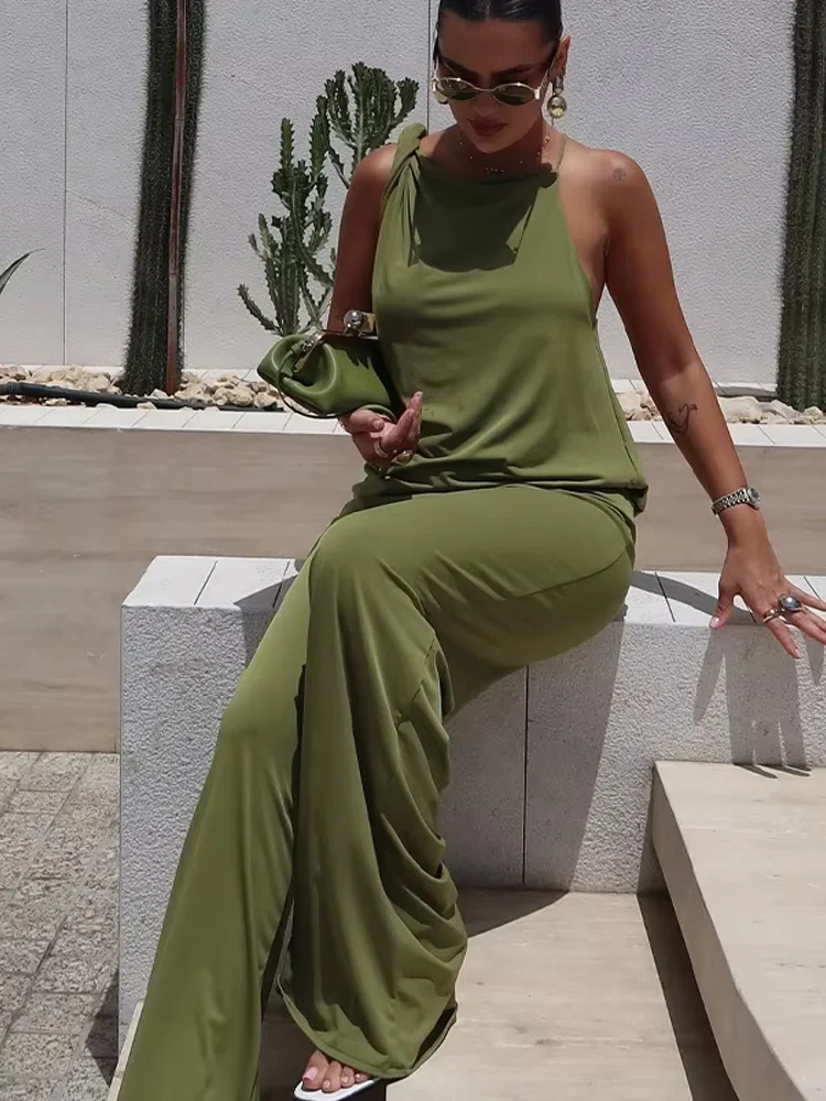 HH-traje de pantalones lisos para mujer, traje asimétrico sin espalda con decoración plisada, Top con tirantes + pantalones de pierna ancha caídos con cintura elástica elegante