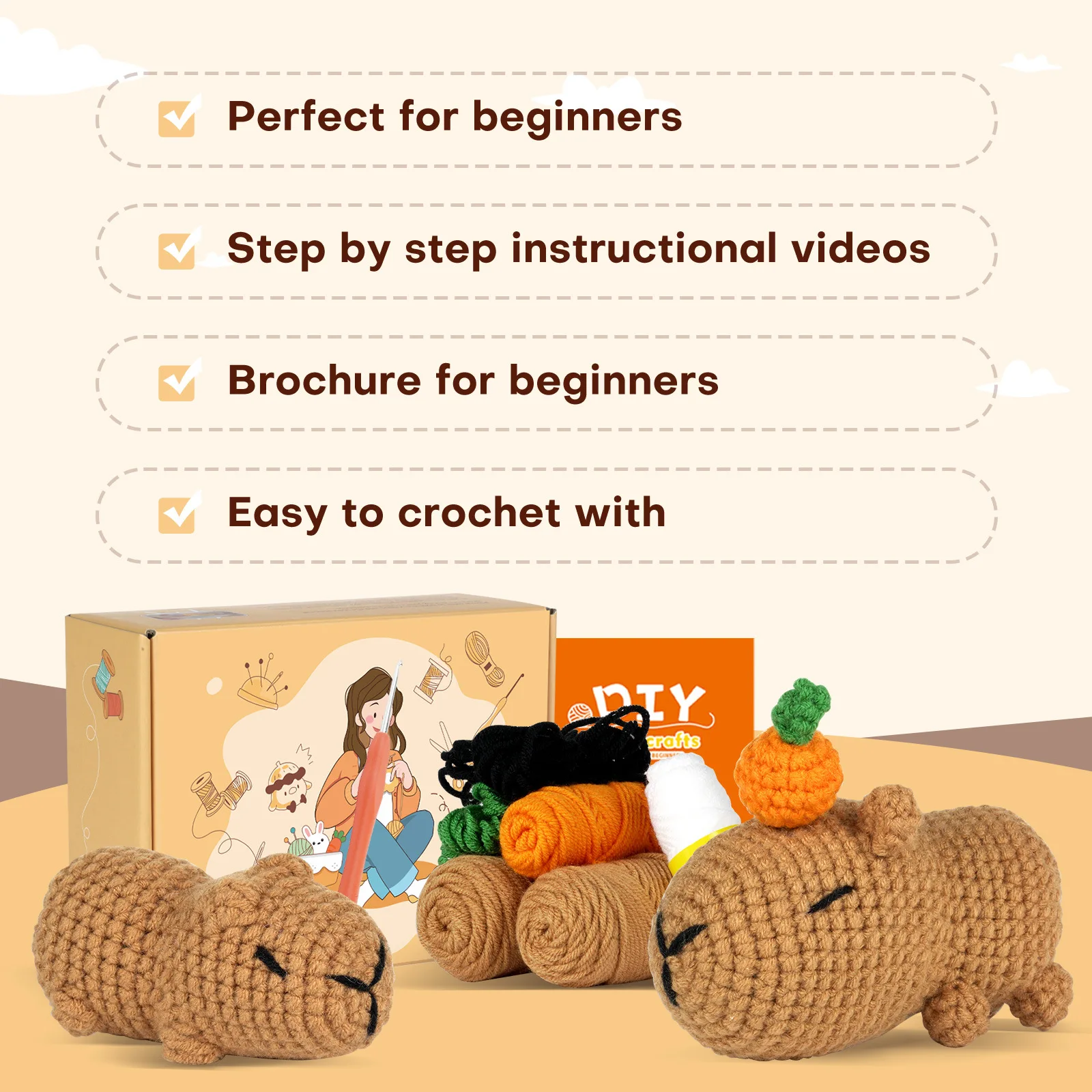 DIY Crochet Kit, Unique 2pcs Capybara Shape Material Kit for Beginners, Hand Knitting Hobby With Written Pattern&Video Tutorials