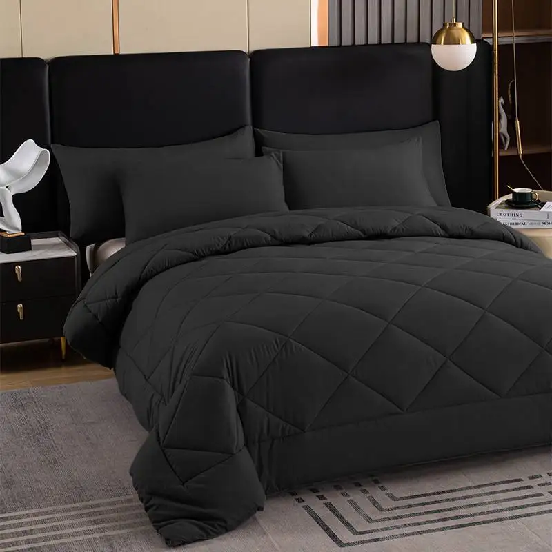 Grey Comforter Set,Grid Quilted Patchwork+Pillowcase,Soft Microfiber Fiber,Black Full King 2/3pcs Home Hotel Bedding Four Season