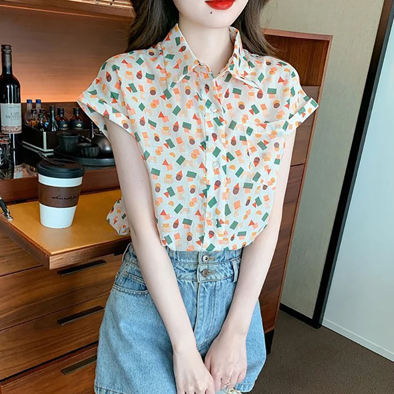 Fashion Lapel Pockets Printed Color Geometric Chiffon Shirts Female Clothing 2024 Summer New Loose Casual Tops Sweet Blouses