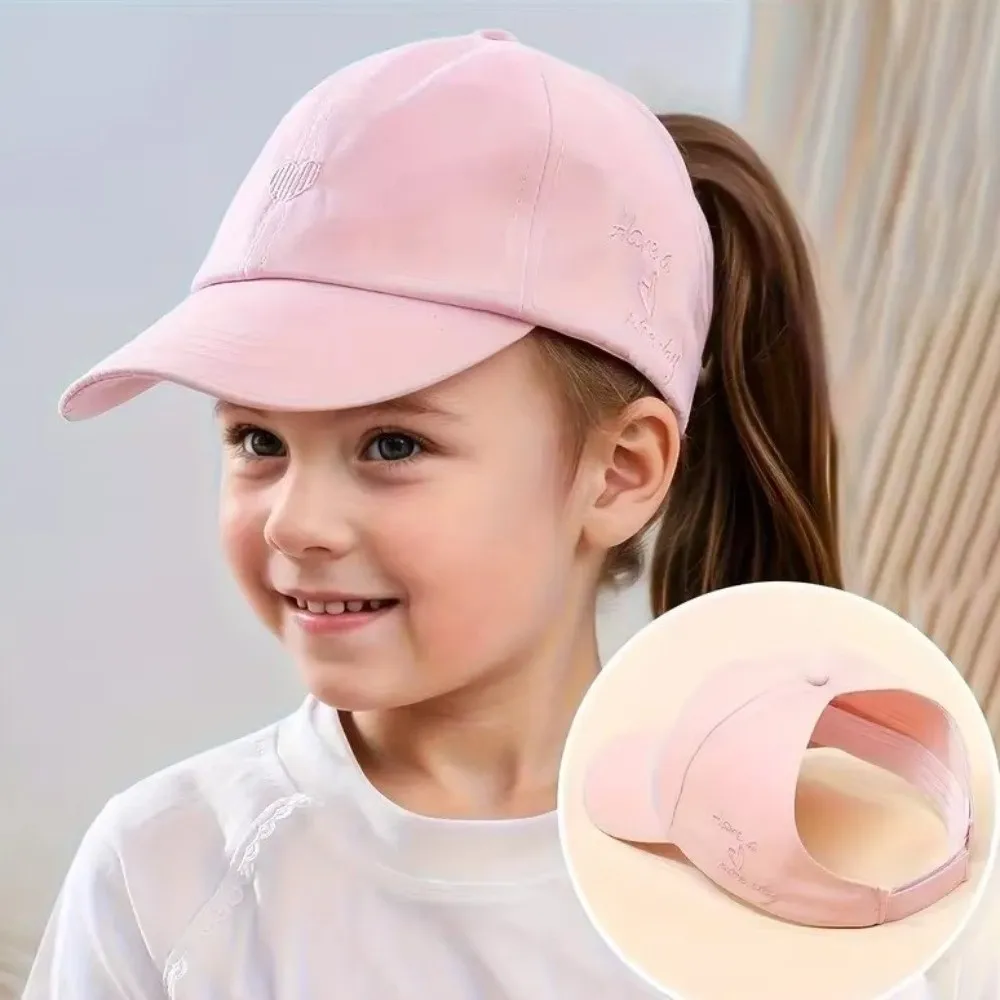 

Korean High Ponytail Children's Baseball Cap Love Heart Embroidery Solid Color Sun Hat Soft Cotton Baby Peaked Cap 4-12 Years