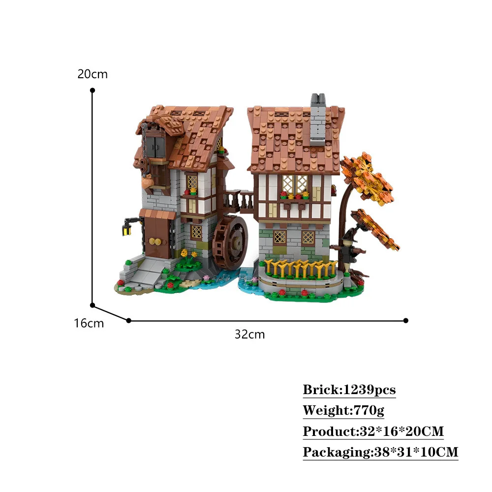 Medieval watermill smithy cidade taverna castelo blocos de construção falcon preto arquitetura estrutura casa cabana modelo brinquedo presente do miúdo