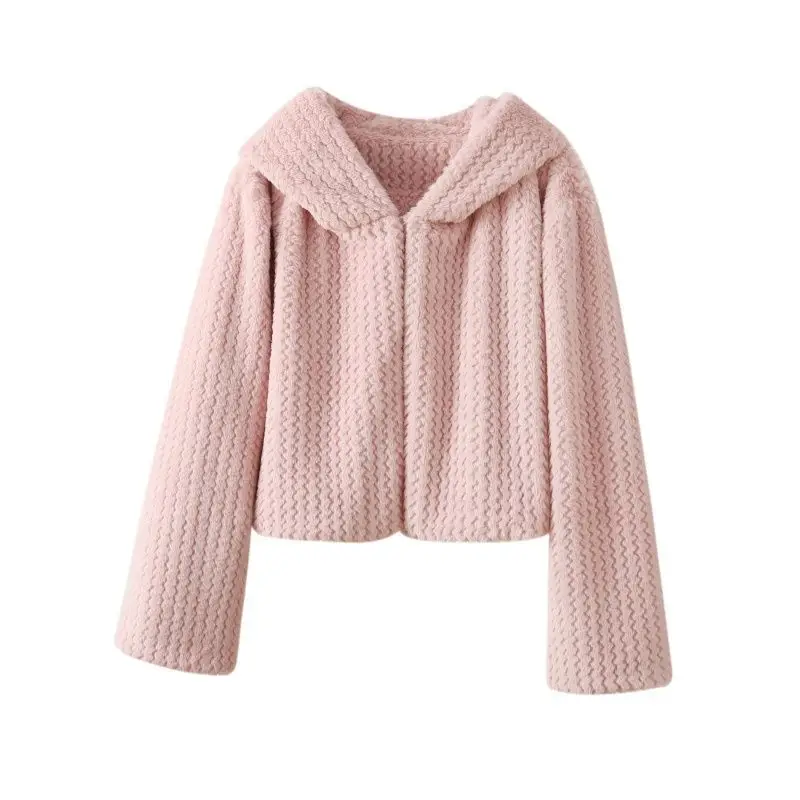 معطف فرو أرنب قصير بقلنسوة منسوج يدويًا جديد لخريف وشتاء 2025 للنساء #4