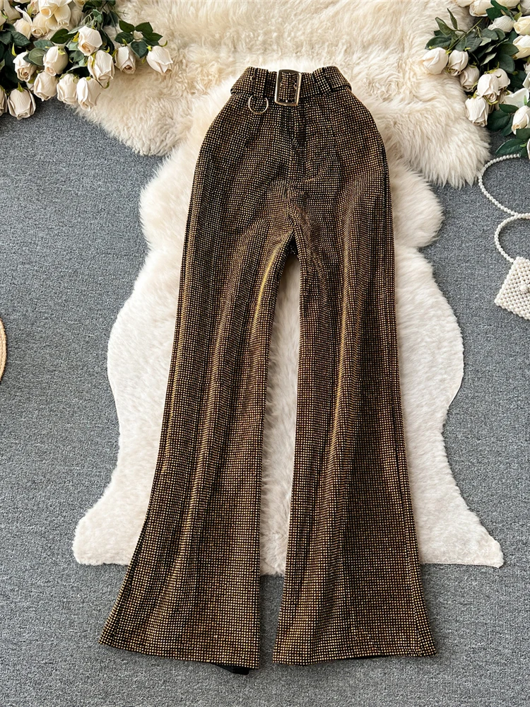 Autumn Winter Women Brown/Gray/Black/White Diamonds Long Pants Elegant Bling Shining Trouser High Waist Wide Leg Pants Femme New