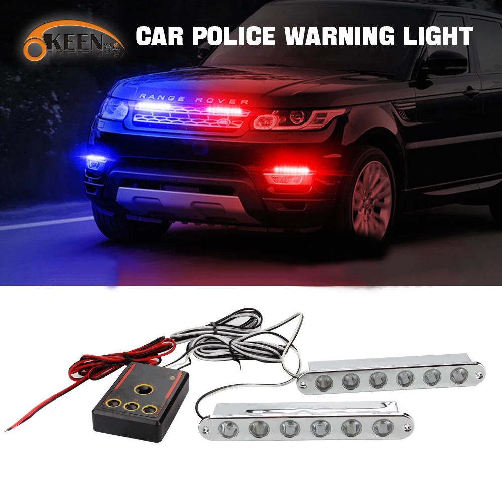 

OKEEN 2p LED Car Strobe Police Warning Light Universal Car Front Grille Flash Light With Switch Control DRL Auto Accessories 12V