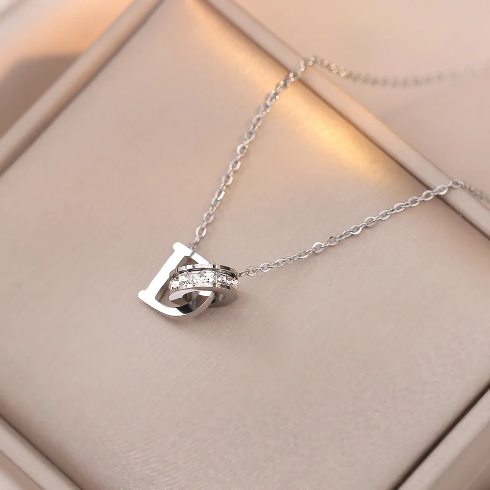 Exquisite Letter D Zircon Ring Cross Pendant Necklace for Women Korea Fashion Silver Color Stainless Steel Chokers Bride Jewelry