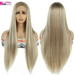 Perruque Lace Front Synthétique Longue et Lisse pour Femme, Cheveux Bruns et Blonds, Degré de Chaleur, 13x4