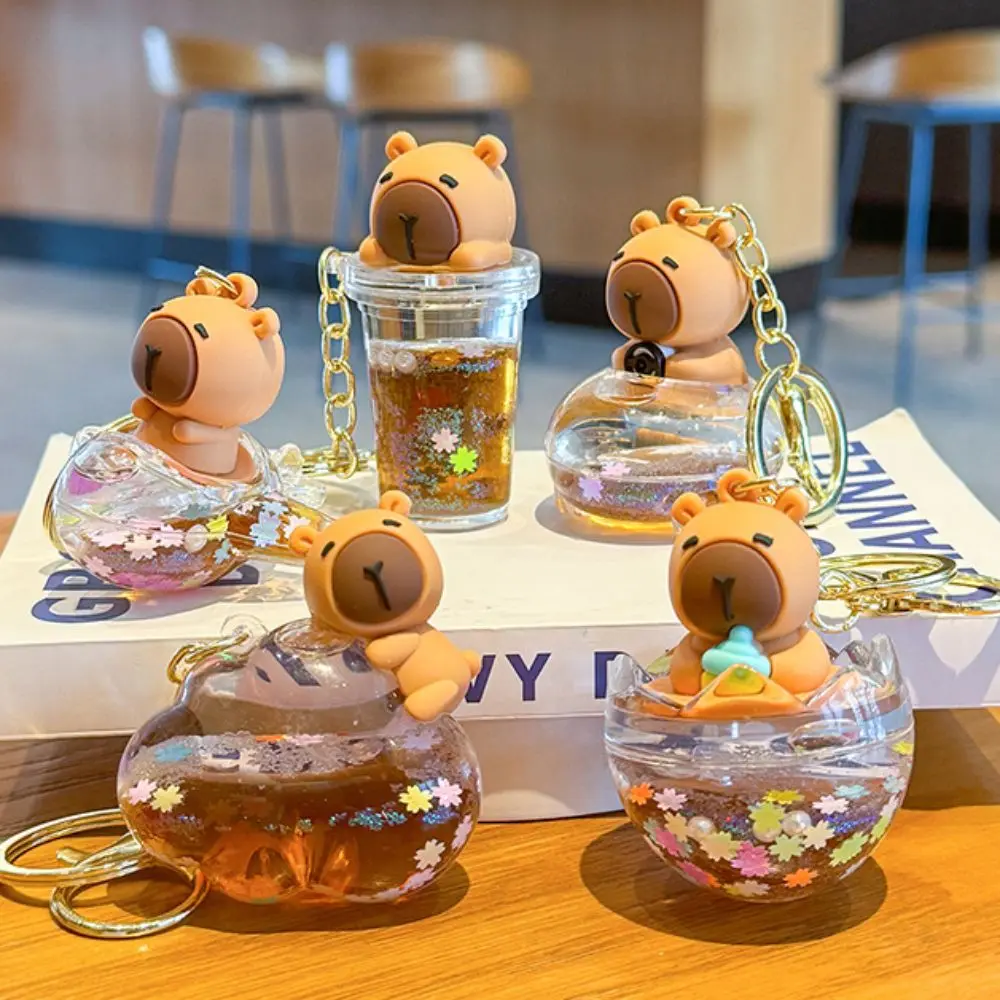 Flowing Sand Bottle Capybara Key Ring Bobblehead Oil Capybara Guinea Pig Keychain Funny Cartoon Capybara Backpack Pendant Kids