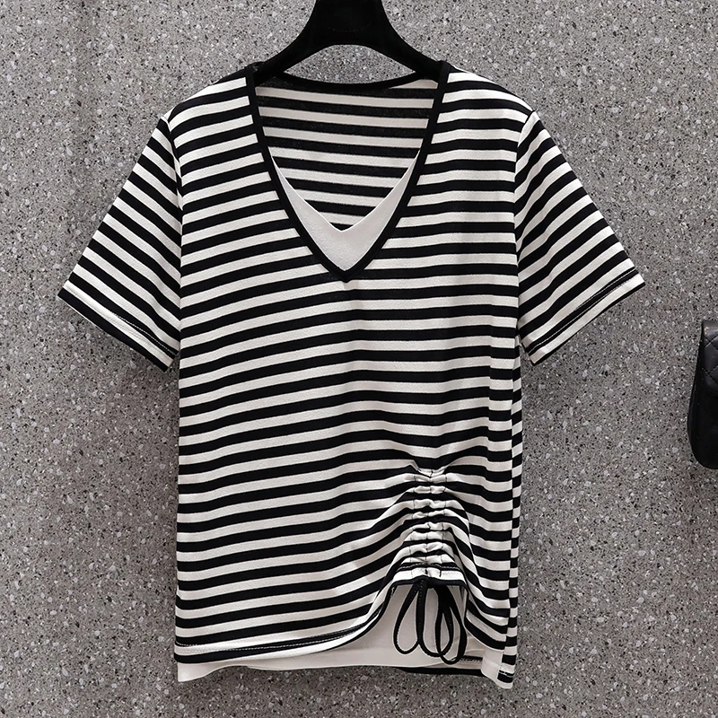 2024 Black Striped Knitted Cotton Short Sleeve T-Shirt Women Korean Vintage Casual Top Coat Summer New Elegant Bodycon Top Shirt