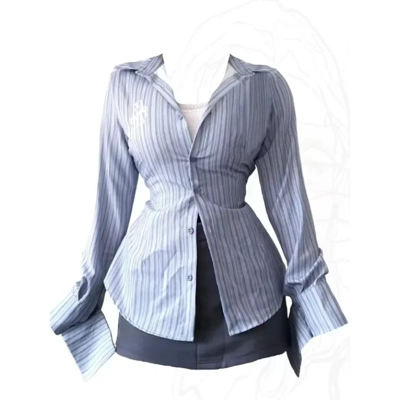 2000s Fairycore Striped Long Sleeve Chic Fashion Women Blouse Slim All Match Solid Skirts Autumn New 2 Set Ropa Mujer