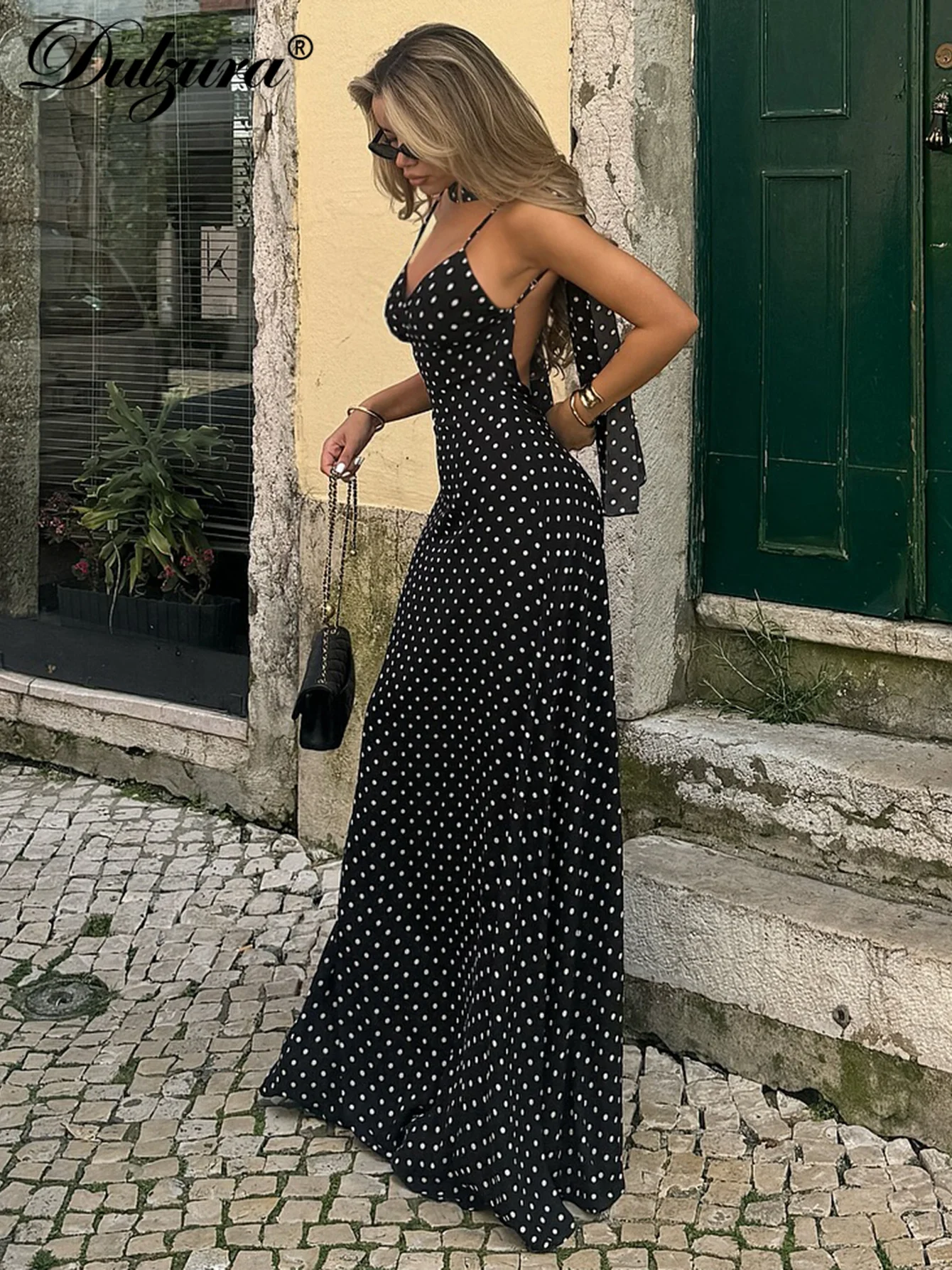 Dulzura ノースリーブバックレススリムジッパー水玉プリントリボンキャミマキシドレスセクシーエレガントカジュアルロングドレスパーティークラブ衣装