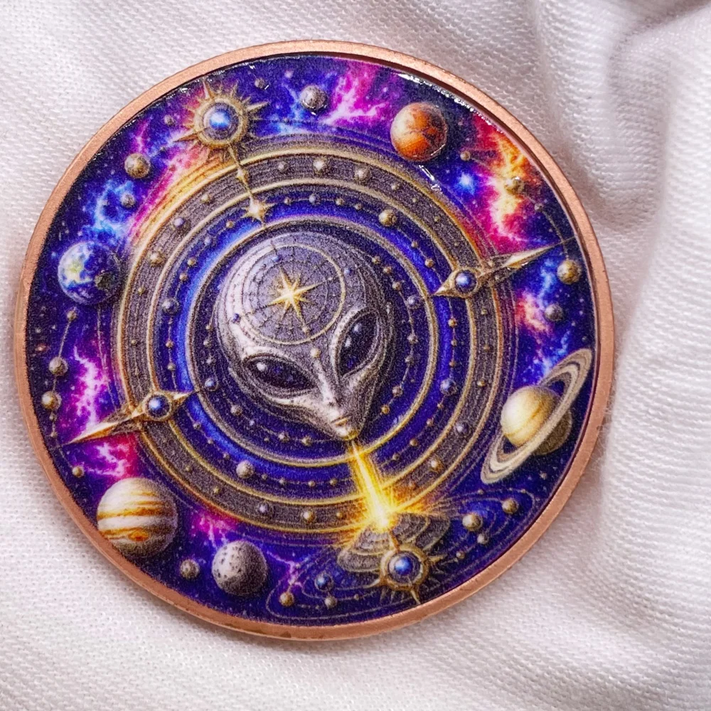 UFO Alien 1 OZ .999 Fine Copper Medal Color Relief Cosmos Planet Crop Circle Space Fantasy Collectible Copper Round Bullion