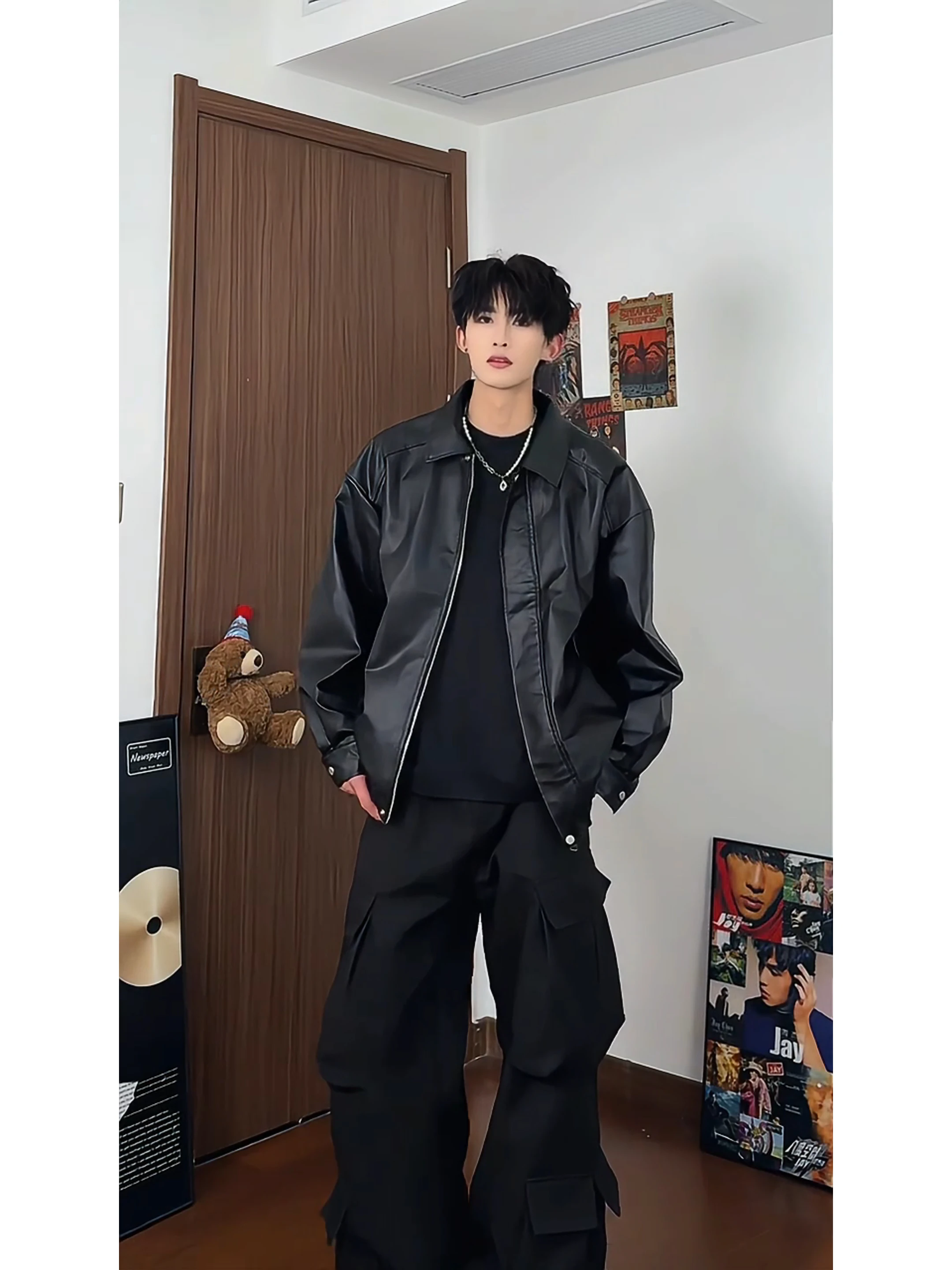 

American High Street PU Leather Jaet Men's Sle Spring High-End Feeling Cool Bla Biker Clothes Cleanfit Trendy Brand