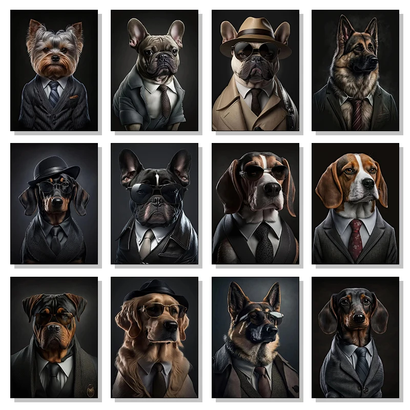 1pc frameless Canvas Painting Fun Animal Fashion Suit Gentleman Poodle Shepherd Dog Classic Poster Canvas Painting Wall Art Pict