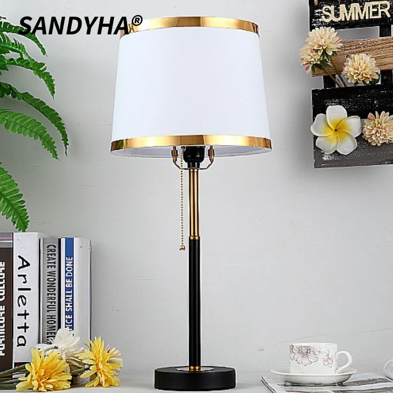 

SANDYHA American Retro Pull Line Desk Light LED Floor Lamp Living Room Decoration Bedroom Bedside Lamp Fabric Lampshade Design