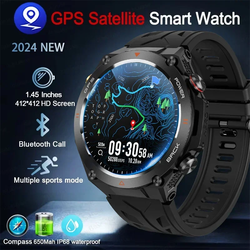 2024 Rugged Military Smart Watch Men Sports Ftiness GPS Watches Waterproof 600mAh AI Voice Bluetooth Call Smartwatch