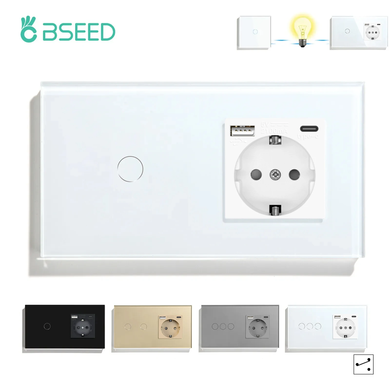 BSEED Touch Light Switch With EU Wall Socket White Black Golden Wall Sensor Switch 1/2/3Gang 2Way Crystal Glass Panel Backlight