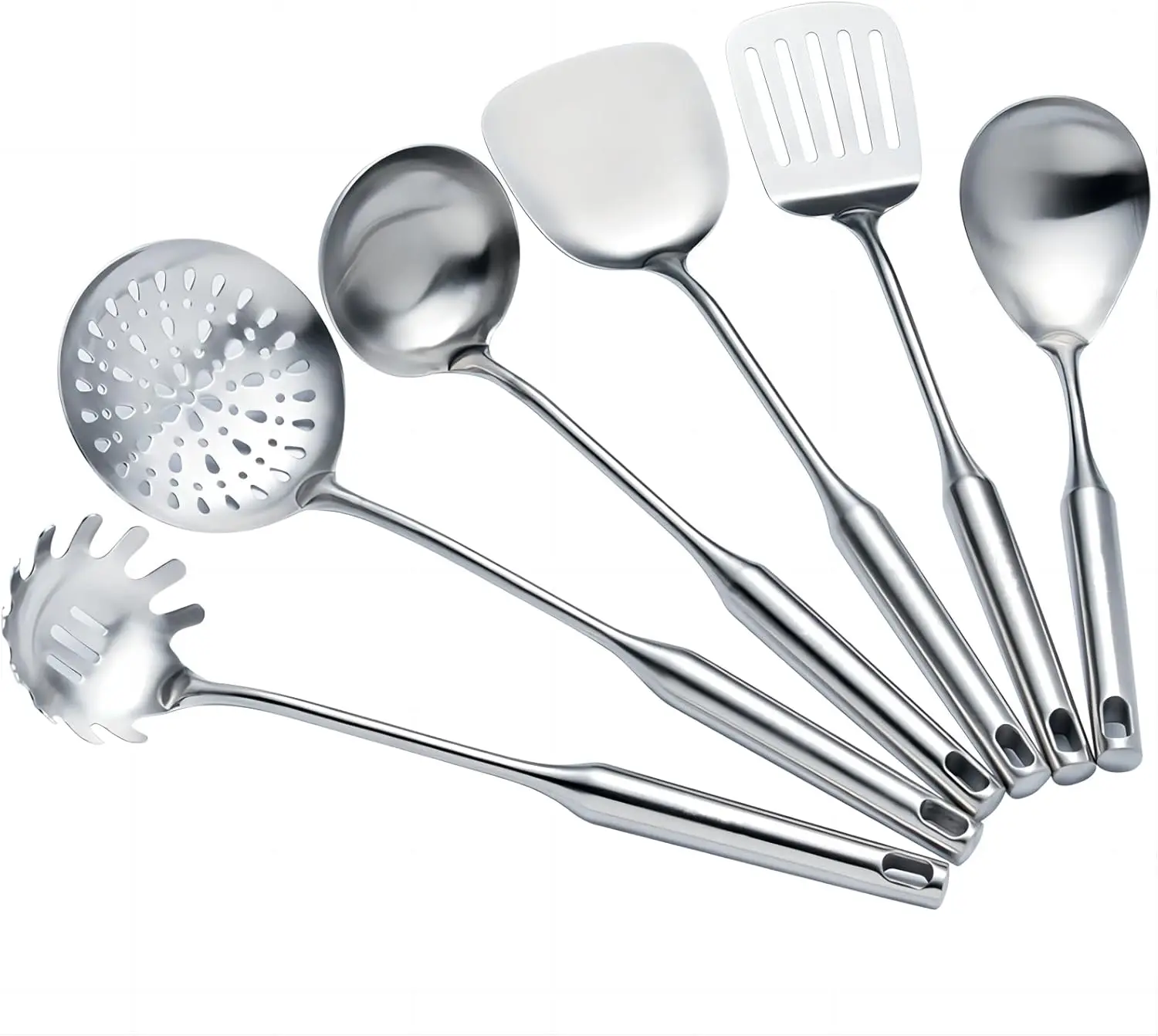 

Stainless Steel Kitchen Utensils Set of 6 Pcs: Wok Spatula, Ladle, Skimmer, Pasta Server, Spoon, Turner - Dishwasher Safe