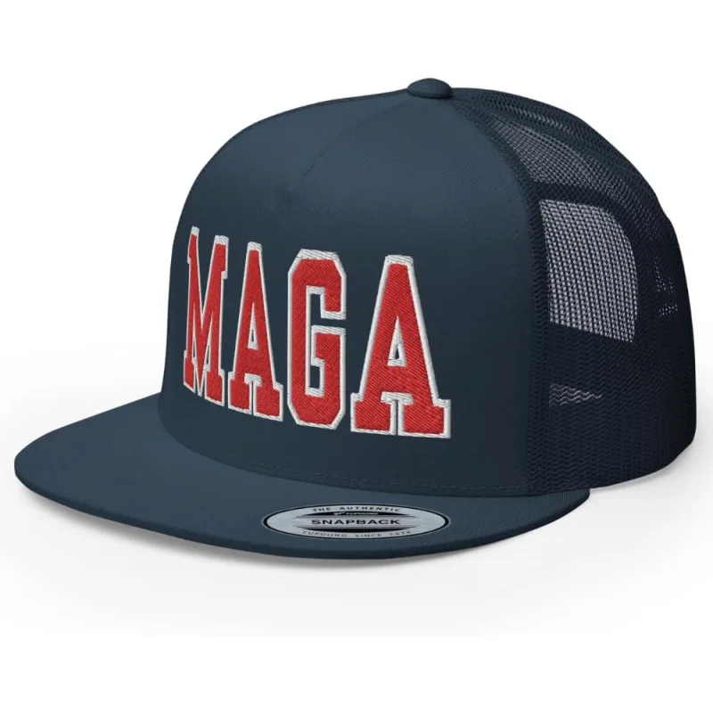 

GD MAGA Make America Great Again Flat Bill Trucker Hat High Crown Adjustable Trump for President 2024 Cap