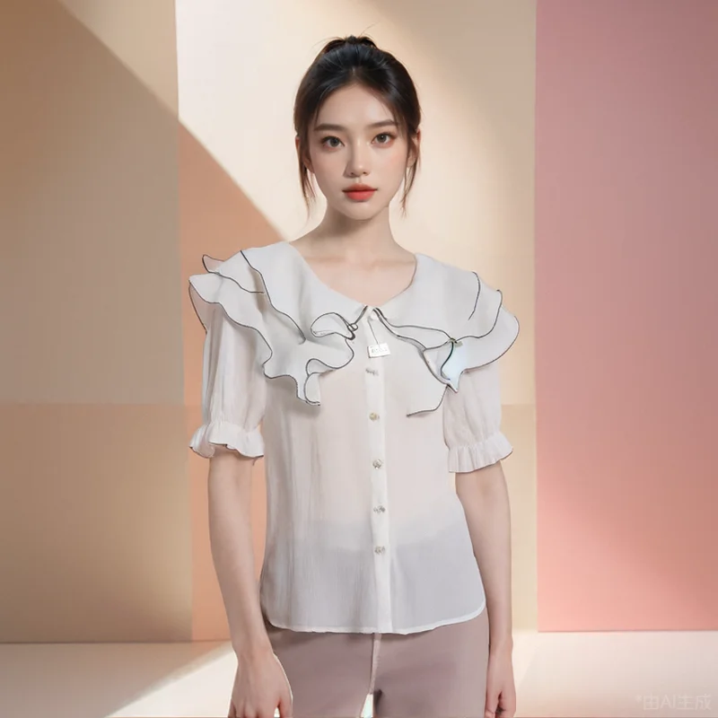 Women Blouse Luxury Puff Sleeve Short Sleeve Top Korean Fashion Style Loose Chic Sweet Peter Pan Collar Ruffle Neck Clothes